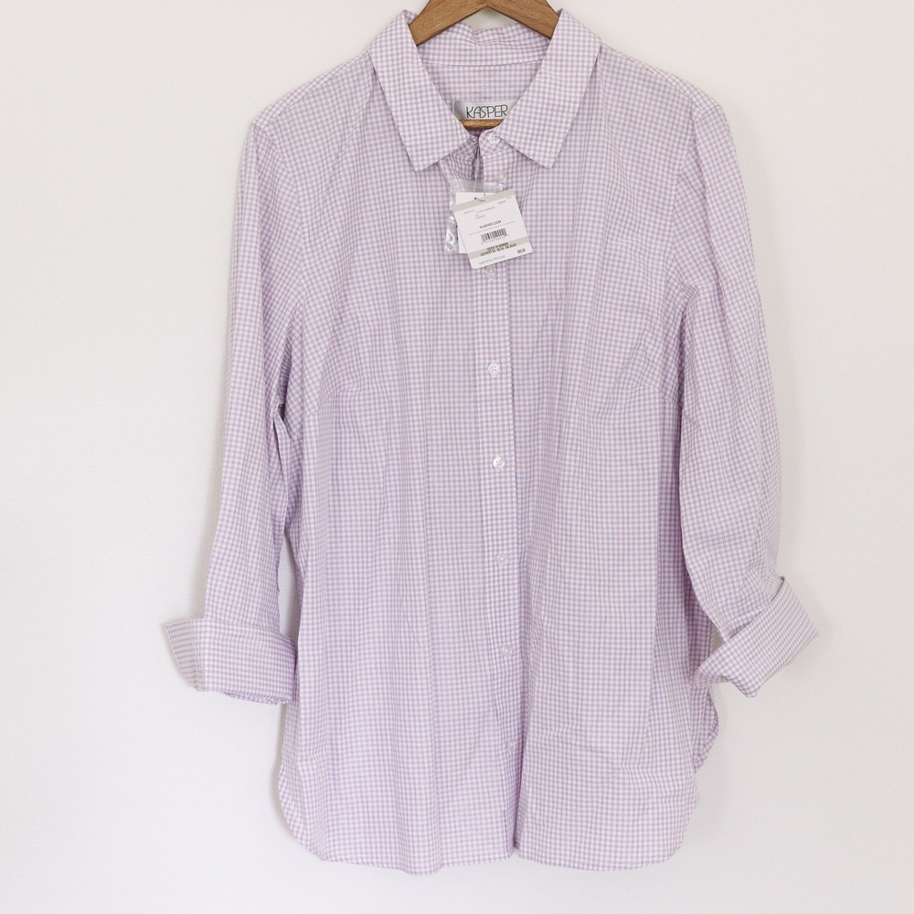 Kasper Womens 1X Gingham Button Down Shirt Lavender Metallic Long Sleeve NWT
